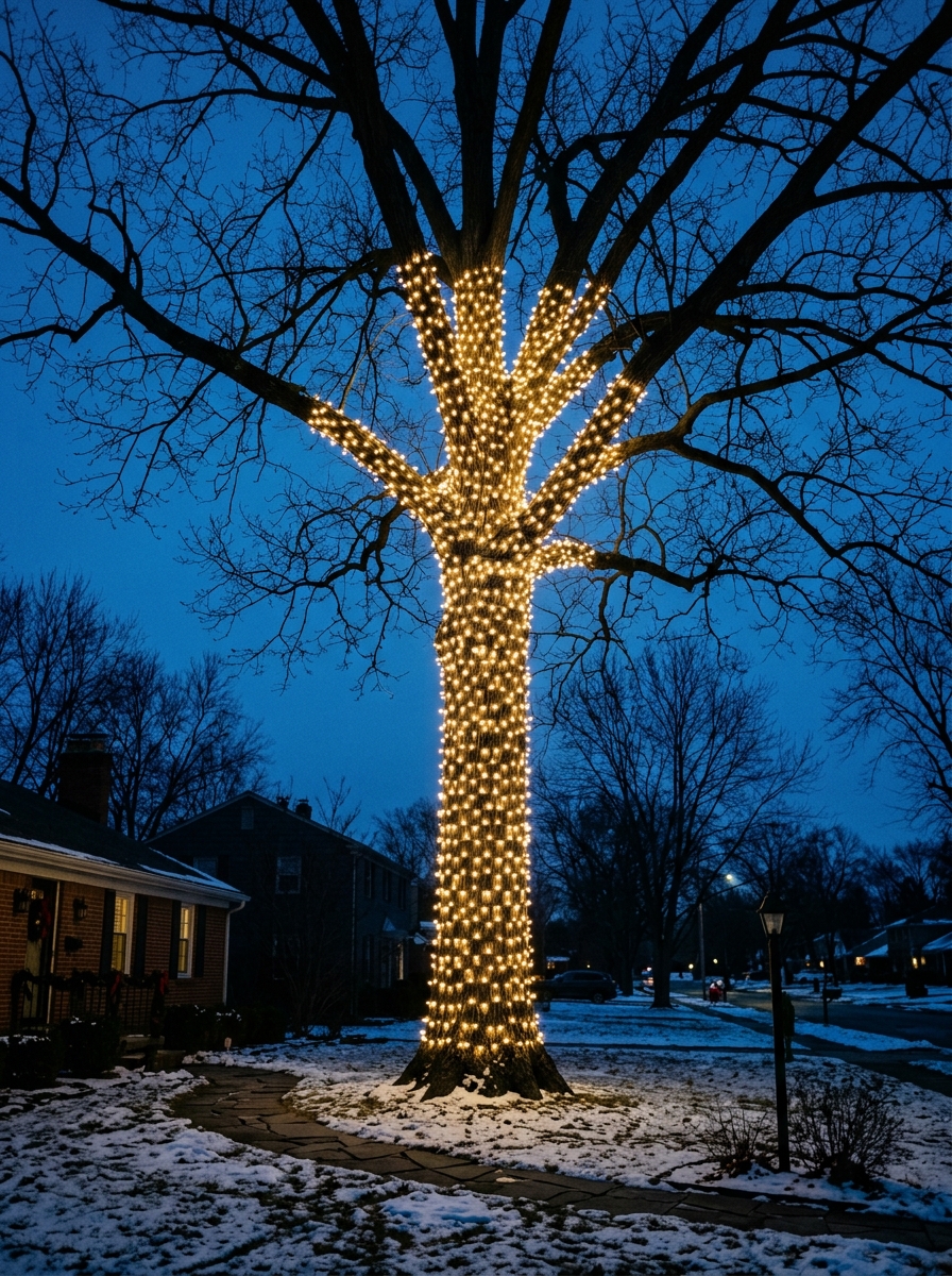 A tall front-yard tree with its trunk and main limbs wrapped in warm white lights